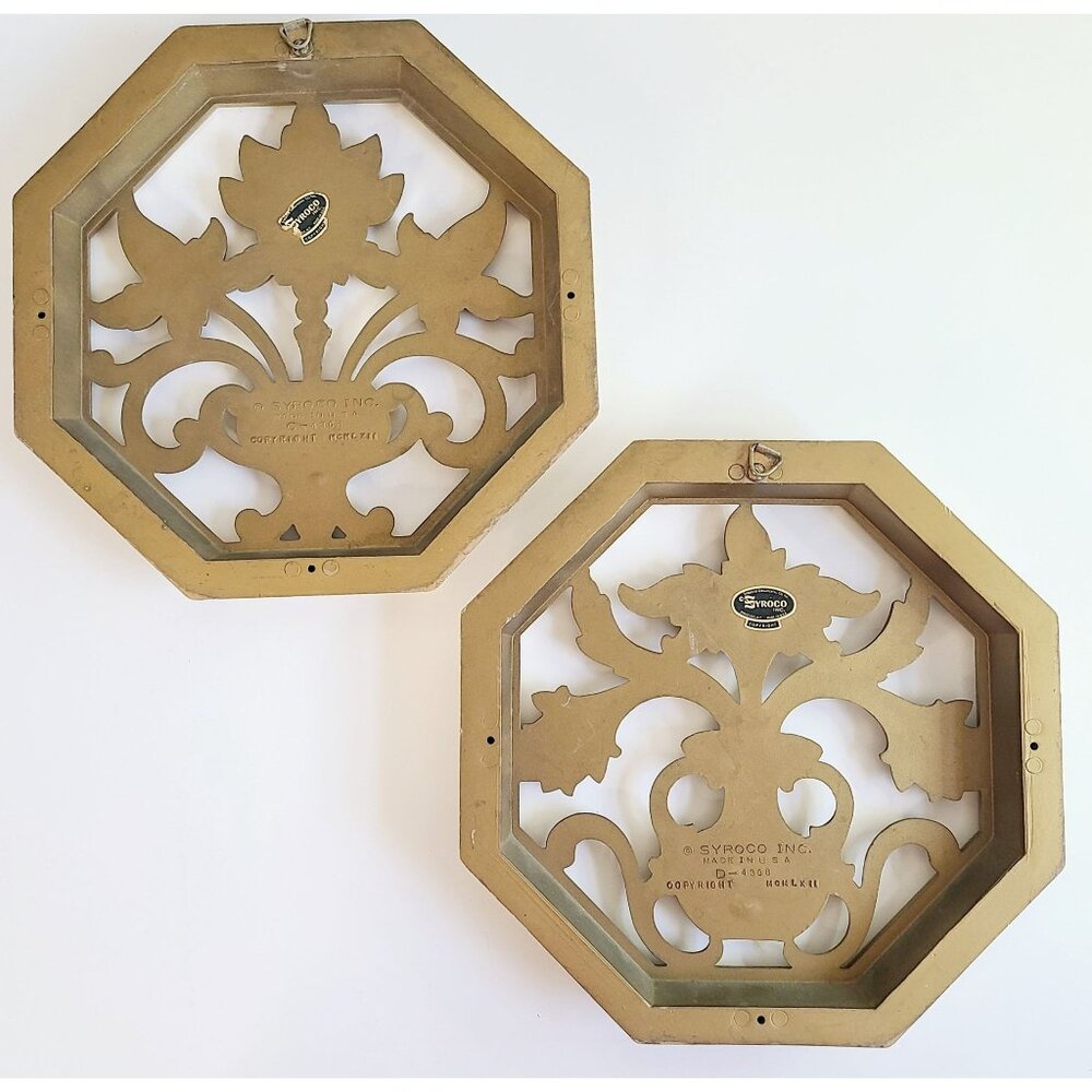 Vtg MCM Syroco Gold Octagonal Wall Art Plaques Decor Set Of 2 Floral Vase Design - Picture 9 of 14
